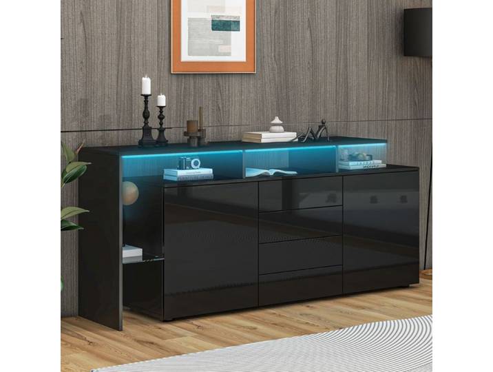 Buffet Noir avec éclairage LED 4 Tiroirs 2 Portes Compartiment Vitré Panneaux de Particules Salon 160x35x70cm