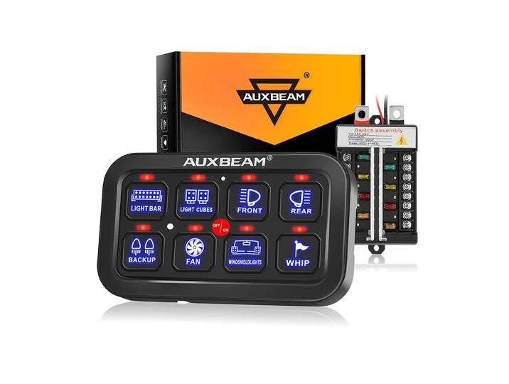 AUXBEAM BB80 Panneau de commande 8 interrupteurs 12-24V 600W/1200W pour feux de voiture, relais électrique universel, système de contrôle d'alimentation marche/arrêt pour éclairage LED