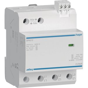 Hager Überspannungsableiter SPA312, 264 V UC, T1 + T2 + T3, 75 kA Ableitstrom, für TN-C-Netze, 4-TE, 3-polig