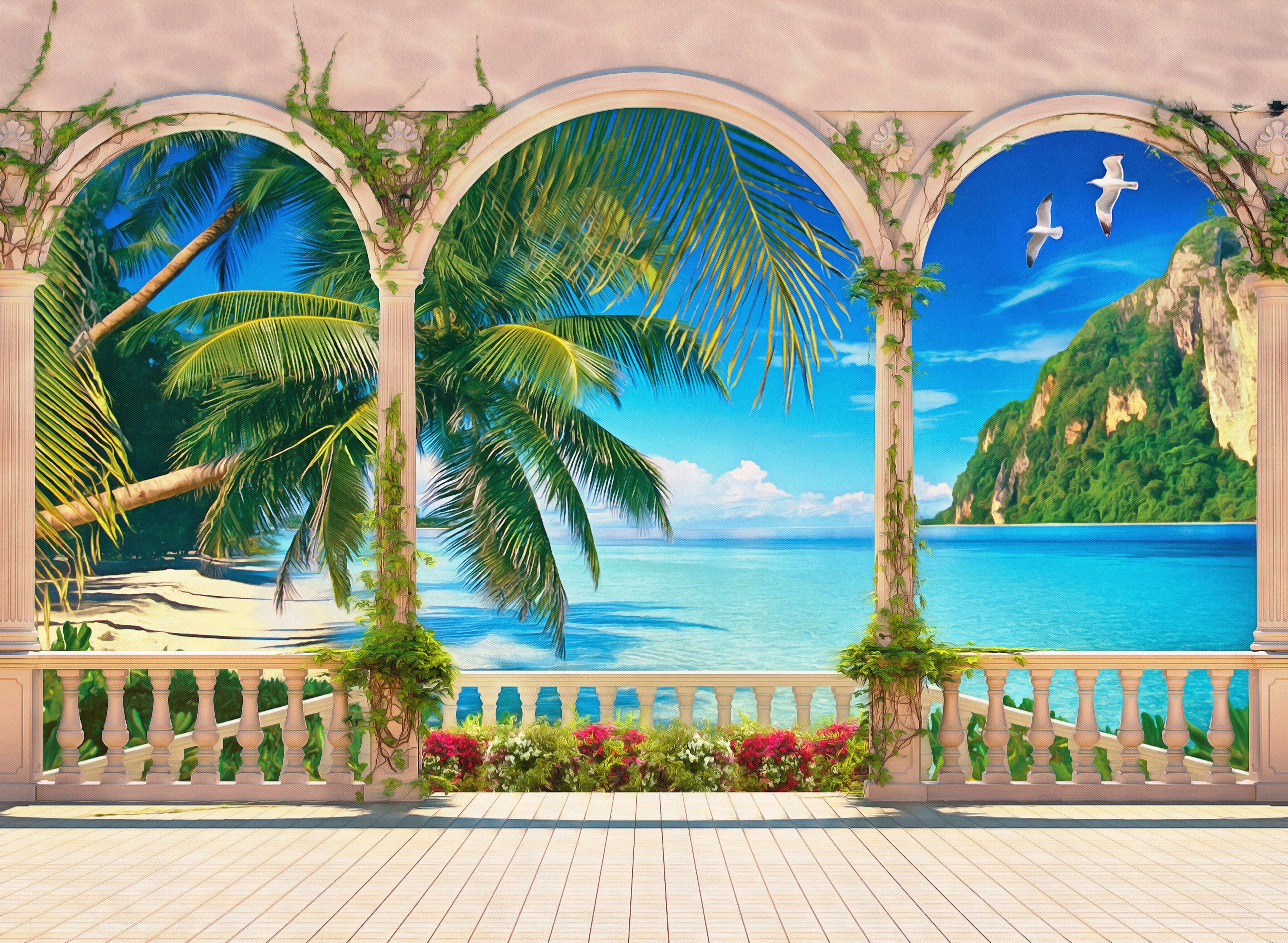 Fototapete PAPERMOON "STRAND-PALMEN SONNENUNTERGANG MEER KARIBIK INSEL PALME", bunt, B:4,5m L:2,8m, Vlies, Tapeten, Fototapete bunt B/L: 4,5m x 2,8m, Bahnen: 9 Stk.