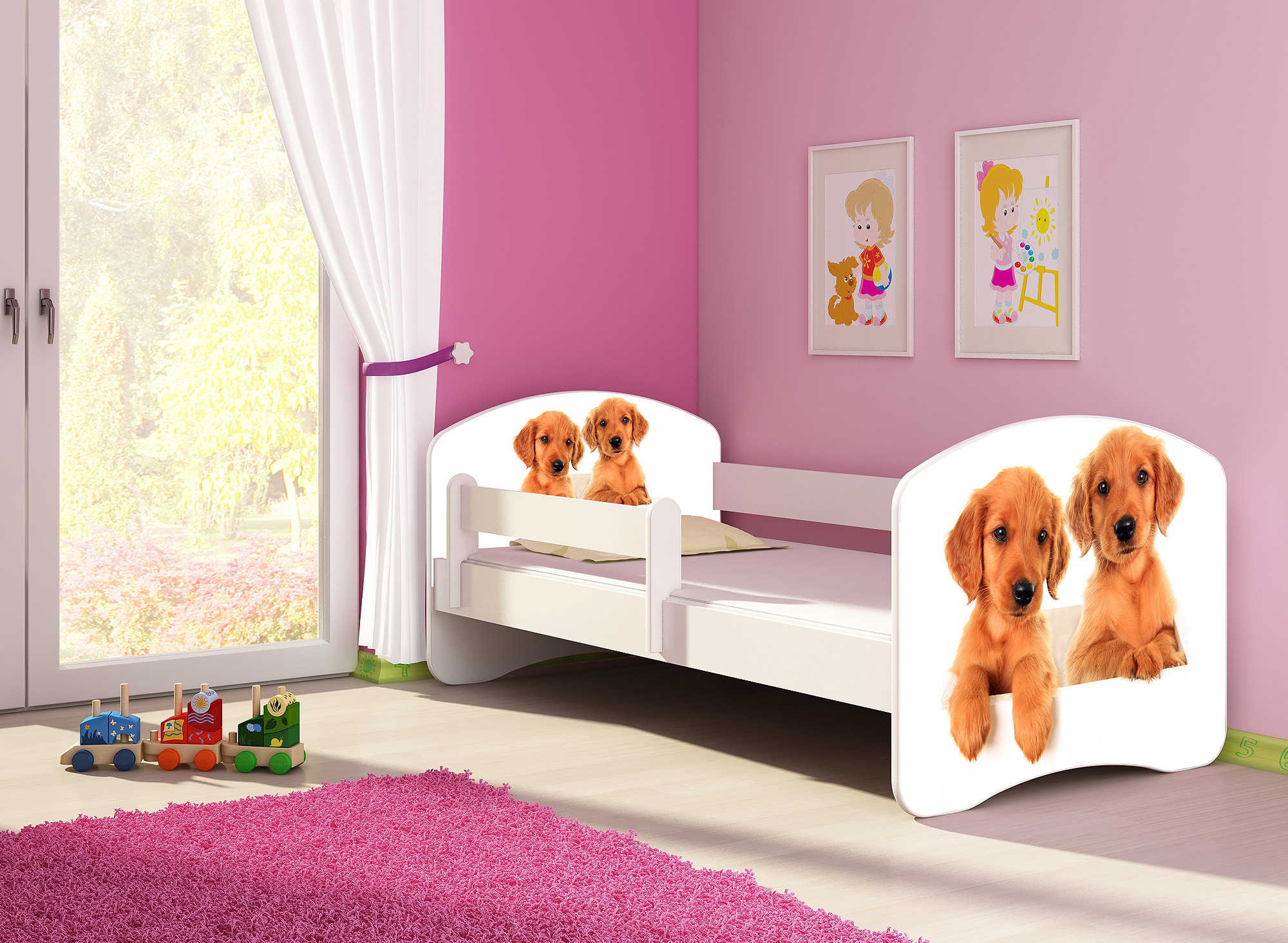Kinderbett, Motiv, Schublade CLAMARO, Bett Farbe:39 Welpen, Mit Bettkasten:Mit Bettkasten, Bett Größe:180 x 80 cm