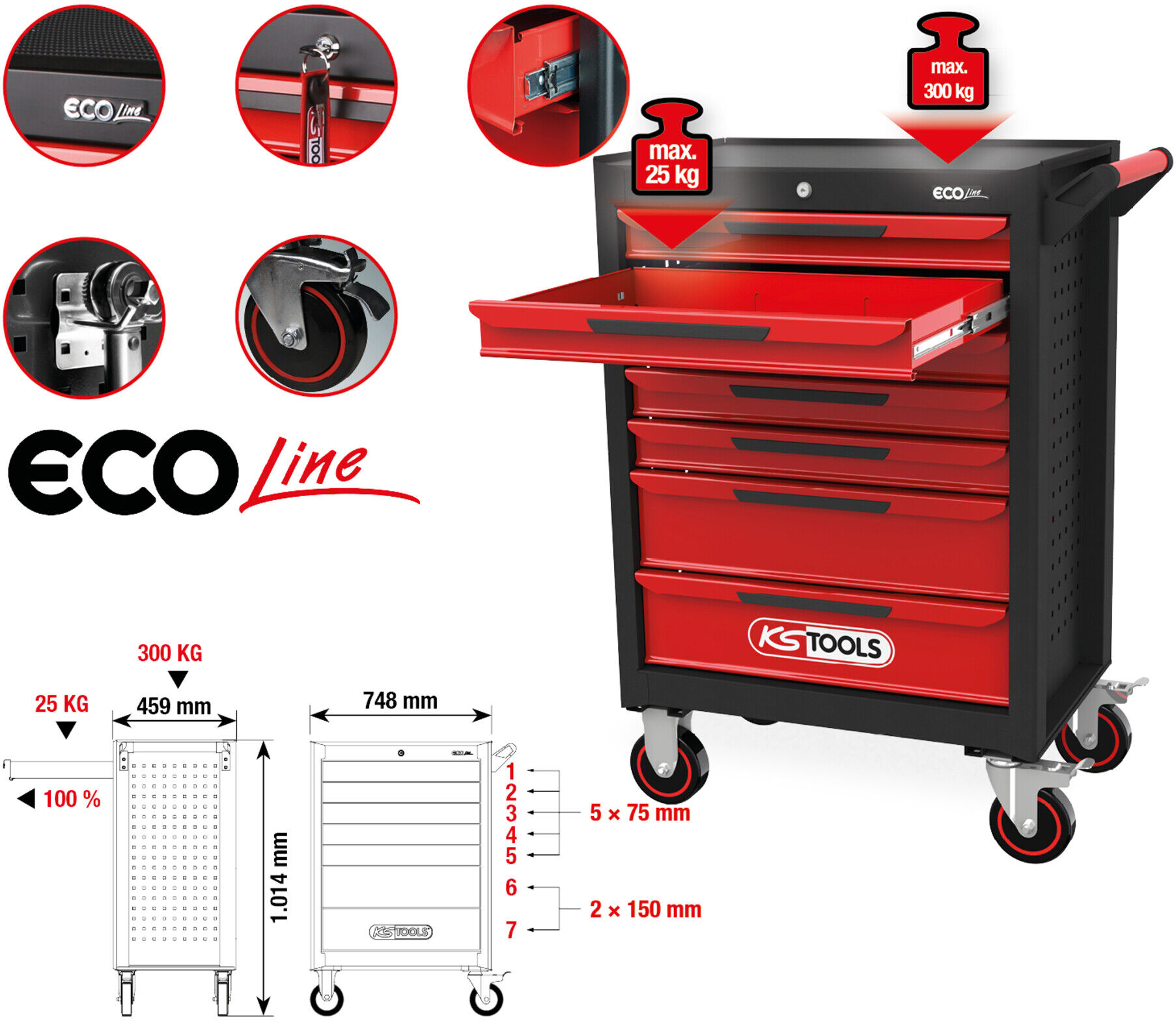 KS Tools ECOline SCHWARZ/ROT Werkstattwagen mit 7 Schubladen (897.0007)