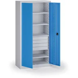 Werkstattschrank, 4 Regalböden + 4 Schubladen, 1950 × 950 × 500 mm, blaue Tür