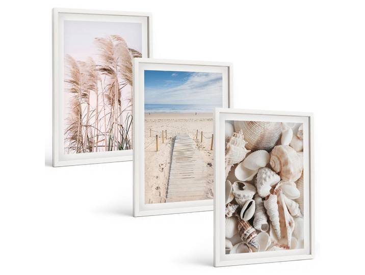 Tulup Bilder SET 3er Set - 40x60 cm Weißer Rahmen - Strandmuscheln Seegras, Kunststoff, Rechteckig, 40x60 cm, Fotografie, Bilder & Rahmen, Bilder