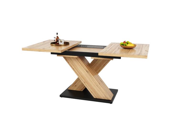 Evryae Esstisch ausziehbar 119/158,5 cm MDF Massivholzoptik Teleskop Kreuzbein stabil multifunktional modern, Naturfarben, Rechteckig,Rechteckig, X-Form, 80x75x158.5 cm, Kleinmöbel, Kommoden, Sideboards