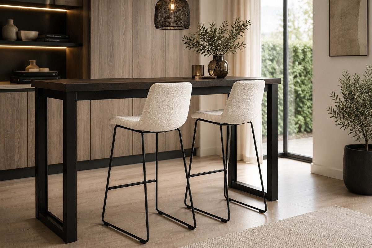 Belfurn Elin hoge barkruk met ecru stof en zwart stalen onderstel, zithoogte: 76 cm