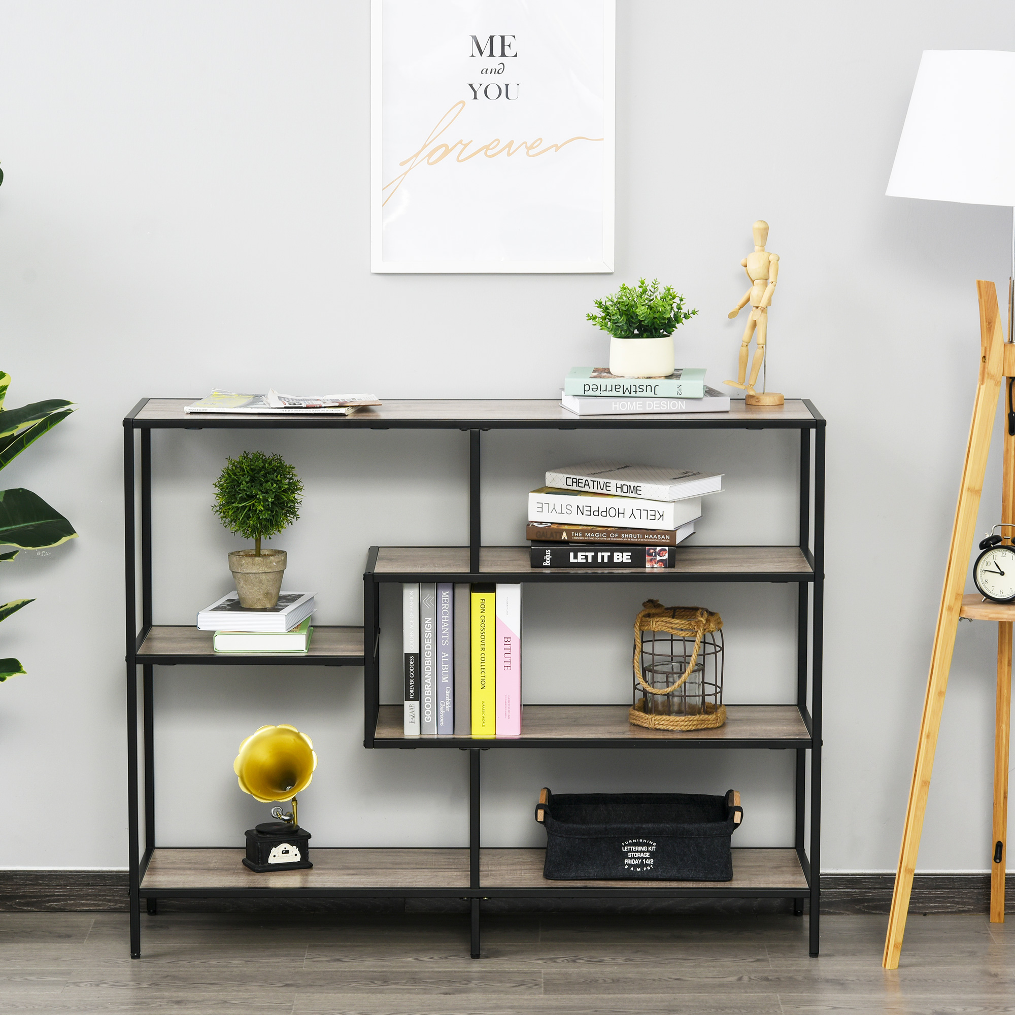 Homcom Scaffale Libreria Asimmetrica in Stile Industriale, in Legno e Metallo Nero, 120x32x95cm