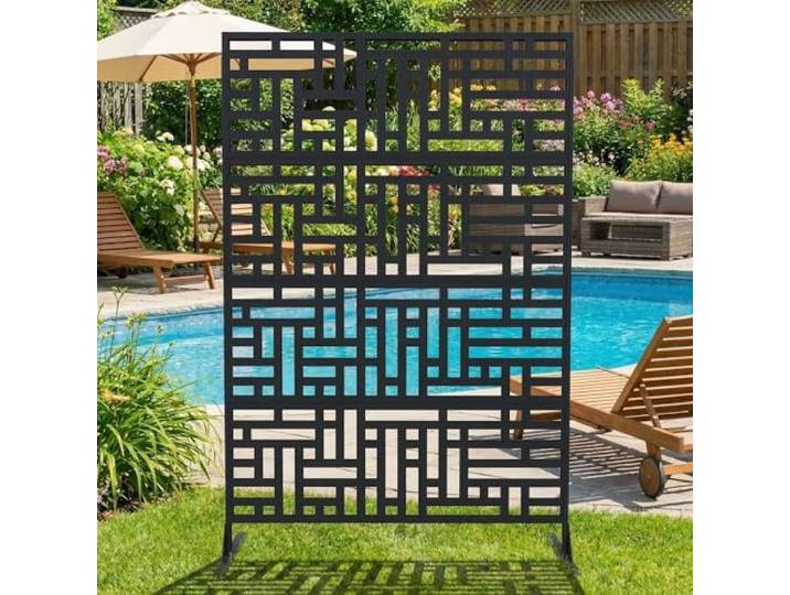 Sichtschutz Metall, Freistehender Paravent 180x120 cm, Wetterfester Sichtschutz Für Garten Terrasse Balkon Outdoor Deko, Raumteiler Mit Ständer, Verzinkter Stahl, Geometrisch Schwarz