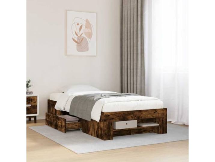 RJPLMFV Bettgestell, 90 x 190 cm, Eiche Rauch, Holz Lattenrost inklusive, Aufbewahrungsschubladen, feuchtigkeitsbeständig, ohne Matratze