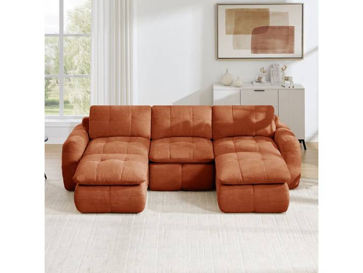 BBWL Sofa rahmenlos, Chenille, 32D-Hochdichtschaum, 2 Ottomanen, flexibel, 3-Sitzer U-förmiges Modulsofa, montagefrei