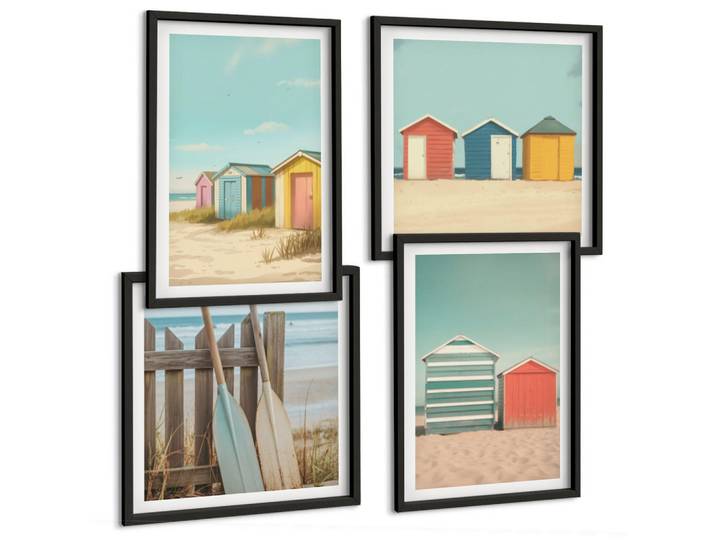 Tulup Bilder SET 4er Set - 50x50 cm & 40x60 cm Schwarzer Rahmen - Bunte Strandhäuser, Kunststoff, Rechteckig, 50x50 cm, Fotografie, Bilder & Rahmen, Bilder