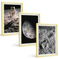 BILDER SET 3er Set - 40x60 cm Goldrahmen - Astronautenfoto vom Mond