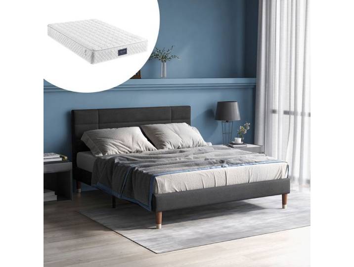 Lit double 140x200cm cadre rembourré avec tête de lit + sommier à lattes - Matelas adulte & adolescent-Avec Matelas