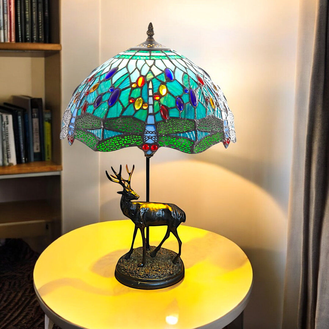 Union Rustic Aqua Blue Tiffany Table Lamp with Stag Base, 30cm Diameter Shade, UK Plug Brown 57cm H X 30cm W X 30cm D
