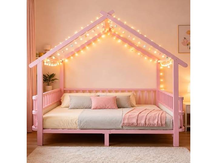 Bellemave Kinderbett 140x200cm,Hausbett mit Sicherheitsgitter,Metal Rosa Haus‑Dachdesign, stabiler Metallrahmen, halbgeschlossenes Sicherheitsgitter, individuell dekorierbar, belastbar bis 120 kg