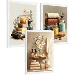 POSTER 3er-Set dekorative Badezimmerdrucke, gemütlicher Spa-Stil, Bilder mit Kerzen, Blumen und Handtüchern, entspannende, Weißer Rahmen A3