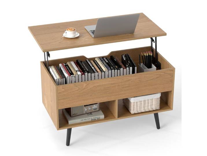 GIANTEX Table Basse Relevable- 2 Compartiments Ouverts- Table de Canapé avec Rangement- 80x40x46cm- Salon Bureau Chambre- Naturel