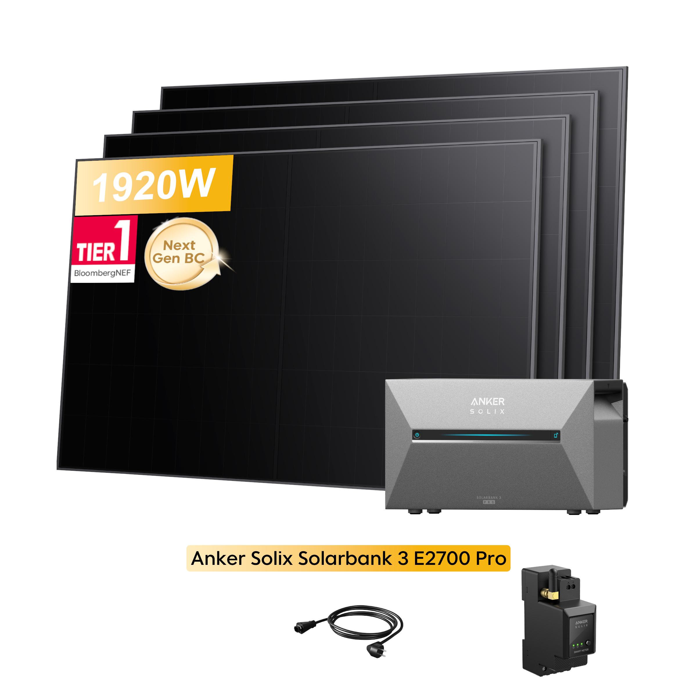 Powerness Balkonkraftwerk mit Speicher, Anker SOLIX Solarbank 3 E2700 Pro Speicher mit 4x480W Bifaziale Solarmodule (1920W) & Anker Smart Meter