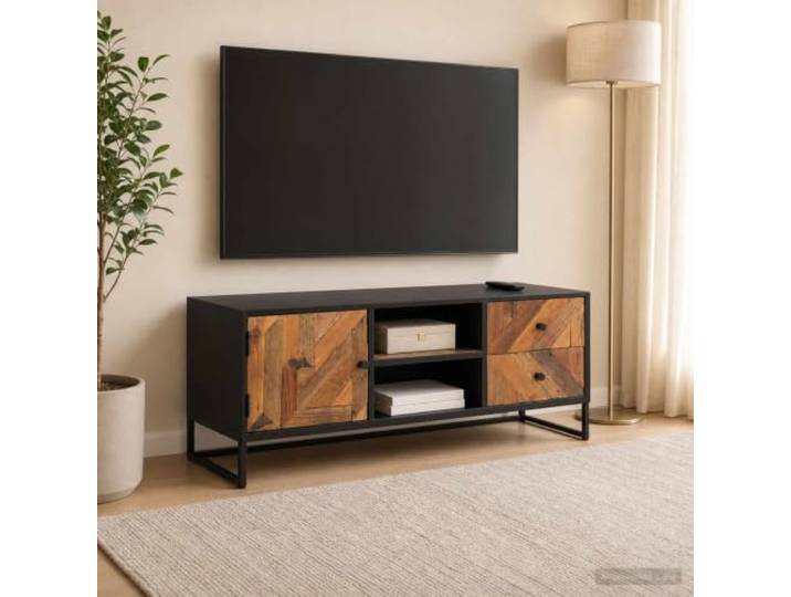 TV-Schrank 105 x 30 x 40 cm Massivholz Und MDF, TV-Ständer Mit Fächern Altholz und MDF, modernes Design, mehrere Fächer, stabile Konstruktion, einfache Montage, nur für Innenbereiche