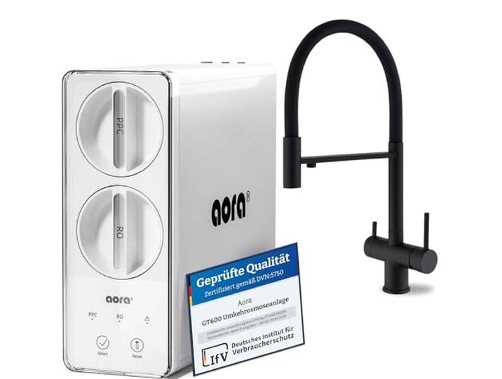 AORA GT600 Umkehrosmoseanlage Untertisch – tankloser Trinkwasserfilter – 8 Stufen Filtration RO System – 3-Wege-Armatur – 3 Sekunden Filterwechsel – Osmoseanlage reines Wasser ALPINA Schwarz