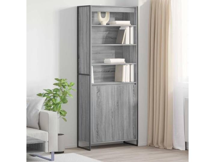 Eleganter hoher Schrank mit rechteckiger Form und Holzwerkstoff in Grau - Industrieller hoher Schrank für Wohnzimmer und schlanker Aufbewahrungsschrank mit Stahlbeinen im
