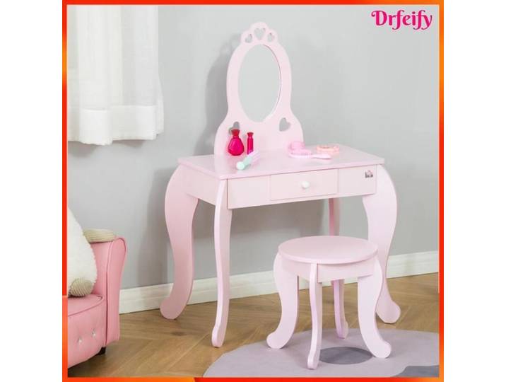 Coiffeuse enfant - AKOZON - Design Girly - Rose - Miroir ovale - Tabouret inclus