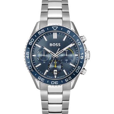 Chronograph BOSS "RUNNER", silber (silberfarben, blau, blau), Armbanduhren, Herren, silberfarben-blau, Chronograph, Quarzuhr, Herrenuhr, Armbanduhr, Stoppfunktion, Edelstahlarmband