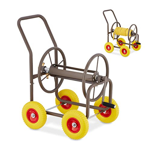 Relaxdays slangenwagen met 4 rubberen wielen, handmatige slanghaspel voor tot 60 meter slang, bruin