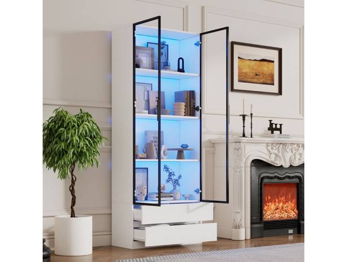 MEULVA Vitrine haute blanche 80 x 34 x 200 cm 2 portes vitrées 2 tiroirs et LED avec application