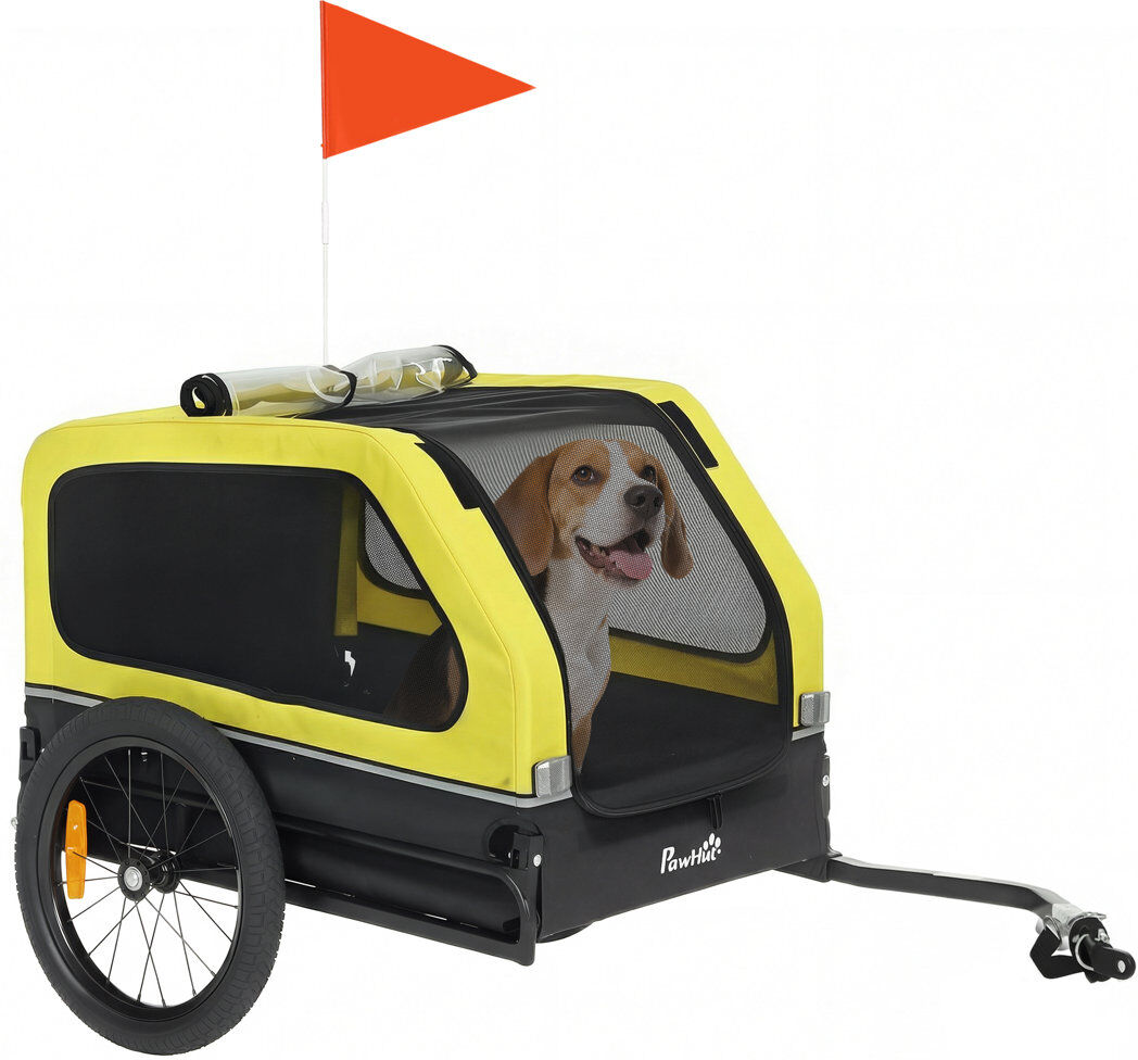 PawHut Dog Bike Trailer with Flip-Down Ramp Tailgate Reflectors Yellow