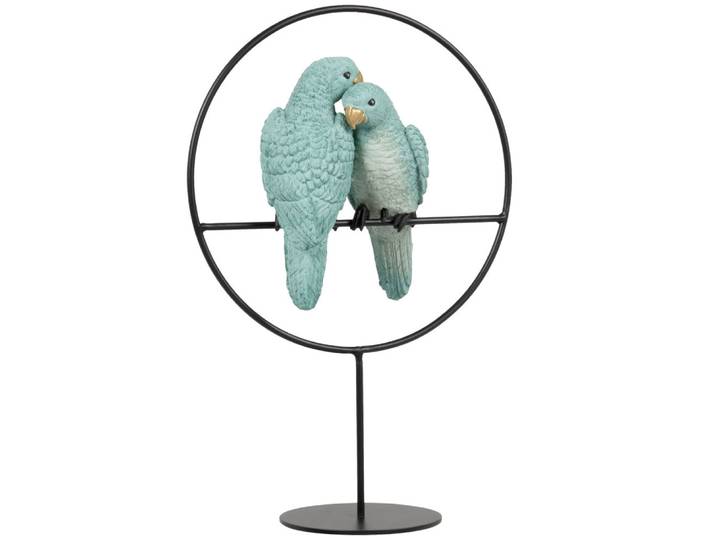 Statuette aus schwarzem Metall mit blauen Vögeln, H29cm