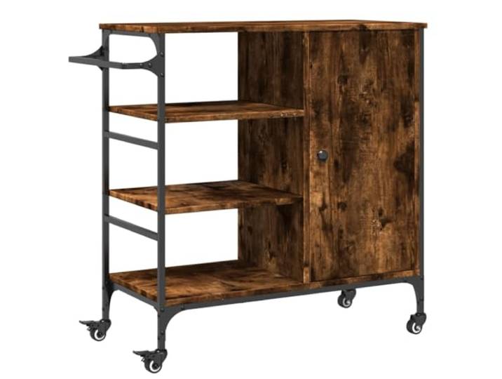 Foknhdi Küchenwagen Räuchereiche 87,5x38,5x84,5 cm Servierwagen Vielseitiger Rollwagen für Küche und Wohnzimmer mit Handtuchhalter, verstellbaren Füßen und Bremse.