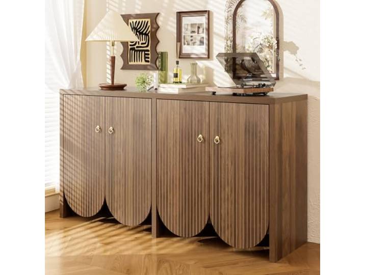 OLIVIBED Sideboard 147cm, Wohnzimmerschrank mit 4 Türen, anrichte mit Verstellbare Einlegeböden Alugriffen, Esszimmerschrank für Küche, Esszimmer und Eingangsbereich, Walnuss, 147x40x80cm