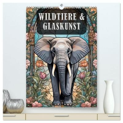 Wildtiere und Glaskunst im Tiffany Stil (hochwertiger Premium Wandkalender 2027 DIN A2 hoch), Kunstdruck in Hochglanz