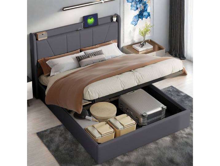 Lit coffre 160 Lit 160 x 200 cm avec rangement sommier inclus Tête de lit avec USB/type C Lit coffre 160 200 coffre Gris