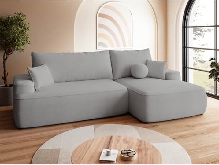 BROMARKT Ecksofa mit Schlaffunktion Sofa mit Bettkasten Grau Rechts Wohnlandschaft Eckcouch Freistehend Couch Polstercouch Schlafcouch Stauraum 250 cm Breite 4 Sitzer Stoff Curio Schlafsofa