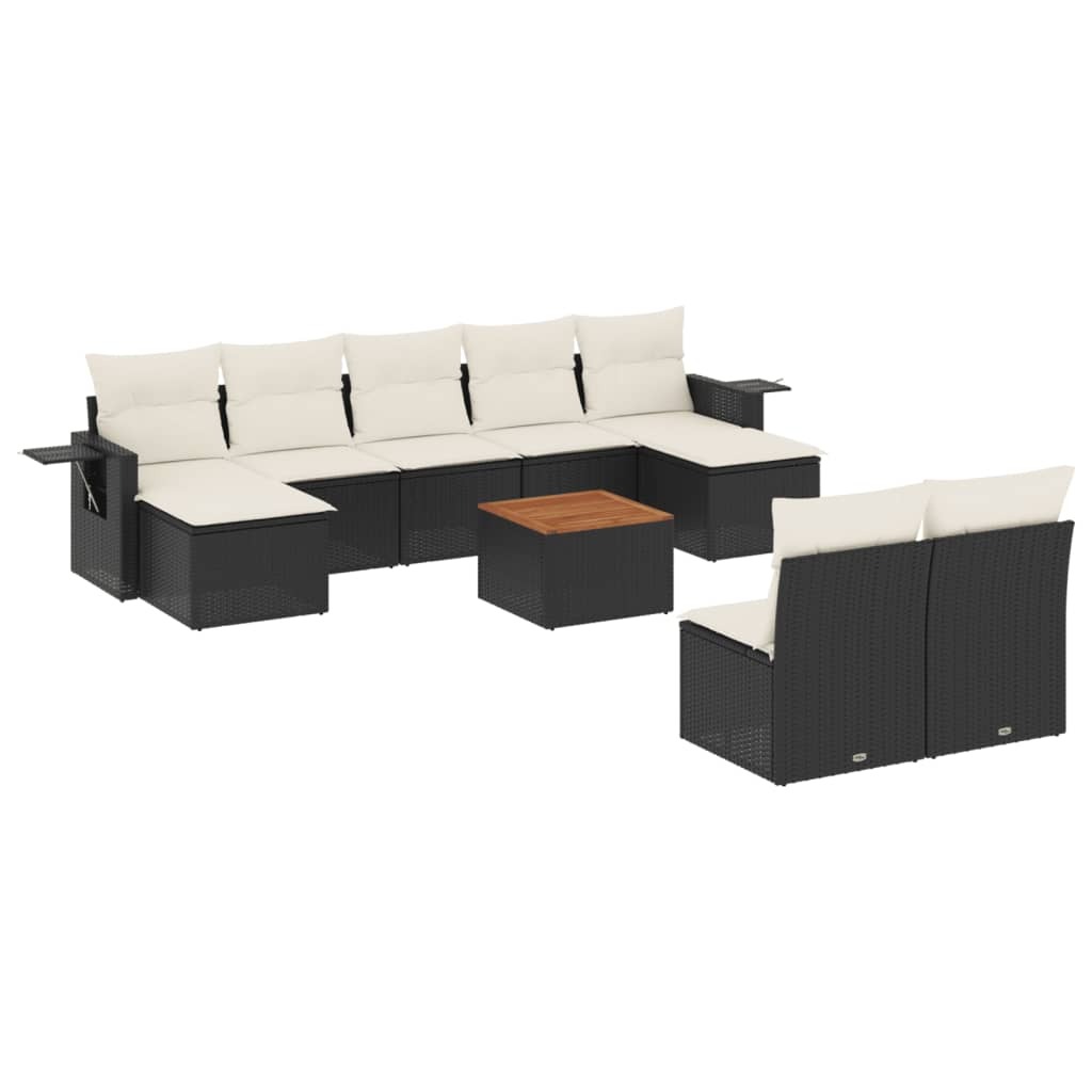 Modulares Gartensofa-Set, 10-teilig, aus schwarzem Poly Rattan, mit cremeweißen Kissen, Beistelltisch, Akazienholz-Tischplatte, UV-beständig