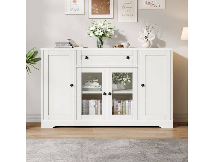 Buffet - 138x40x83cm - Enfilade 4 Portes dont 2 Vitrées 1 Tiroir & Étagères Réglables en MDF - Blanc