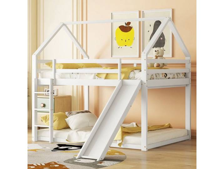 Lit double lit 140x200cm bébé maison Lit superposé avec toboggan et échelle chambre D'enfants haute-lit double superposé blanc