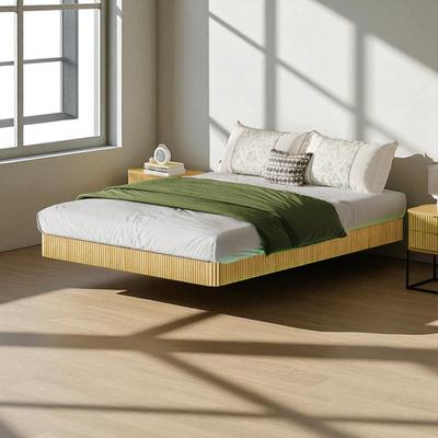 Fundinbaths Queen/King Floating Platform Bed Frame with LED Lights, Wave Wood Design, Heavy-Duty Metal Slats, No Box Spring Needed