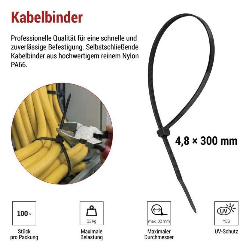 Emos Kabelbinder 300×4,8, schwarz, 100 Stk (Kunststoffkabelbinder, 300 mm, 100 Stk.) (70415926)