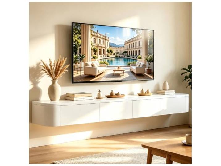 ASKLFNEI Weiß TV Schrank Schweben,240cm TV Board Hängend,mit 2 Schubladen & 2 Klappen,TV Lowboard Mit Kabelmanagement, TV Tisch für Wohnzimmer und Esszimmer,Einfache Montage