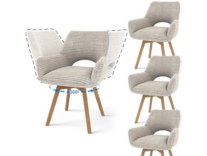 JIJIAN 4er Set 360° Drehbare Esszimmerstühle mit Armlehnen, Taupe Drehbar Stühle Esszimmer mit Holzbeinen, Moderner Küchenstuhl aus Cord, Polsterstuhl für Esszimmer, Küche, Wohnzimmer