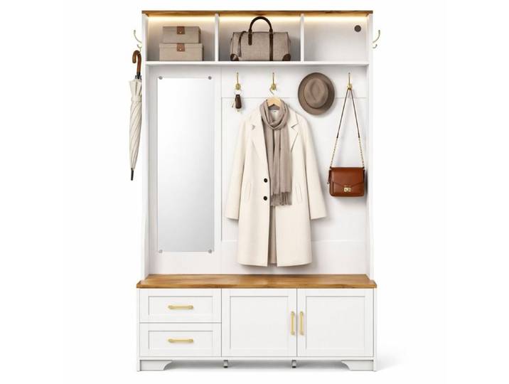 ELVORIN Vestiaire d entree avec LED miroir crochets 2 tiroirs 2 portes et banquette 120 x 40 x 187 cm blanc et decor bois