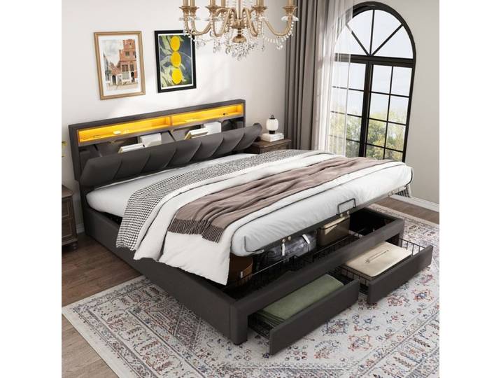 Lit coffre 180x200 avec sommier cadre de lit 180x200 avec tiroirs lit grand avec LED tête de lit réglable gris foncé lin