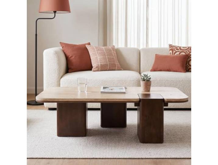 IDIMEX Couchtisch SURAT mit doppelter Tischplatte aus Mangoholz und Travertin, 100 x 27 x 60 cm, Braun/Beige - Moderner Wohnzimmertisch mit eingefasster Tischplatte Clubtisch, Coffee Table