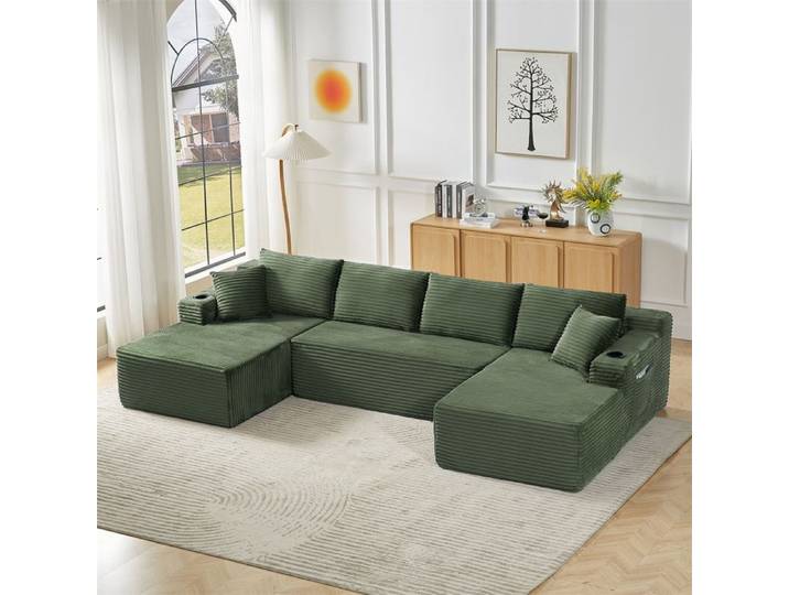 DRIPEX Canapé modulable 4 places en forme de U Canapé en velours côtelé Vert avec porte-boissons et poches latérales 339×168×82cm