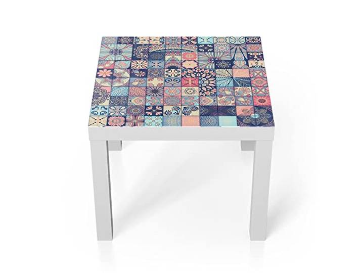 DEQORI Glastisch weiß klein 55x55 cm Motiv Kleinteilige Kachelmotive ausgefallener Beistelltisch aus Glas Hochglanz Couchtisch fürs Wohnzimmer moderner Couch Tisch mit Design