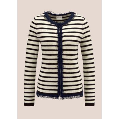 Strickjacke MADELEINE "Strickjacke Gestreifte Strickjacke in in Bouclé-Qualität", Damen, Gr. 44, blau (ecru, marine), Obermaterial: 38% Polyester PES. 26% Polyacryl PAN. 21% Viskose CV. 15% Baumwolle CO., Modern, normal, Strickjacken Strickjacke