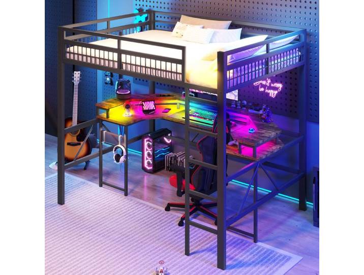 Lit mezzanine LUONIANS 140 x 200 cm avec 1 port USB + 1 port USB-C et 2 prises bureau noir